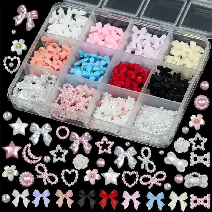 Boîte de 12/15 compartiments de décorations pour ongles en résine, nœuds papillon mixtes, breloques 