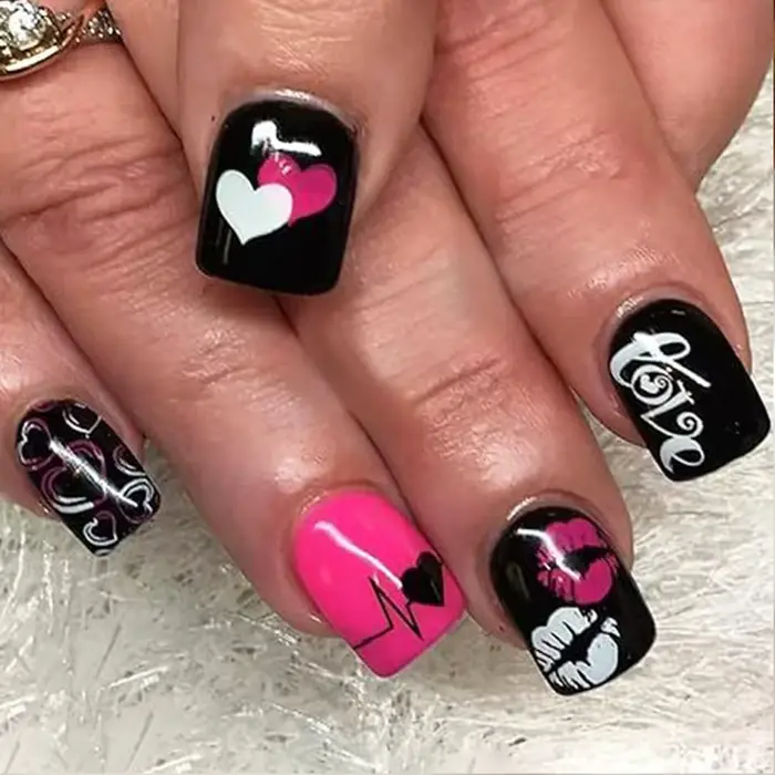 Y2K – faux ongles français noirs pour filles, 24 pièces, courts, carrés, à pression, rose, amour, cœ