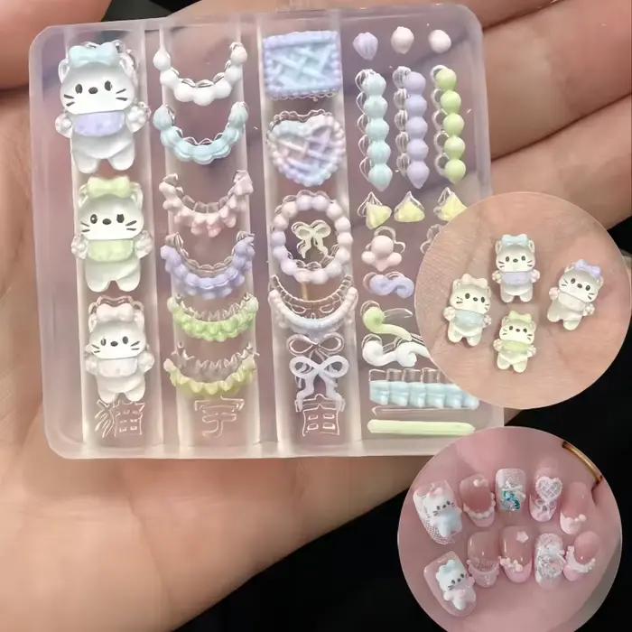 Ensemble de 3 pièces en Silicone pour Nail Art, chat mignon, crème, ours, Cookie, nœud papillon, 3D,
