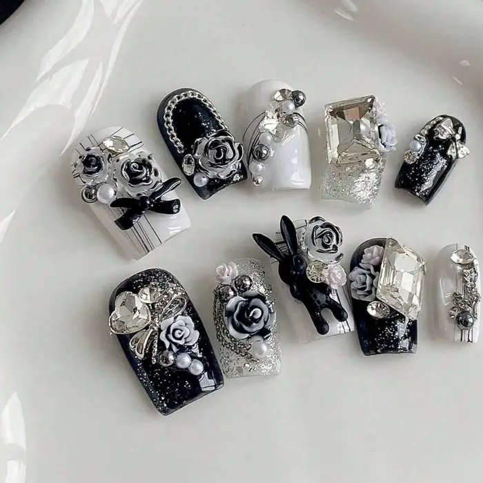 Nail art carré court à pression manuelle pure, beaux faux ongles, nail art floral foncé robuste, ada
