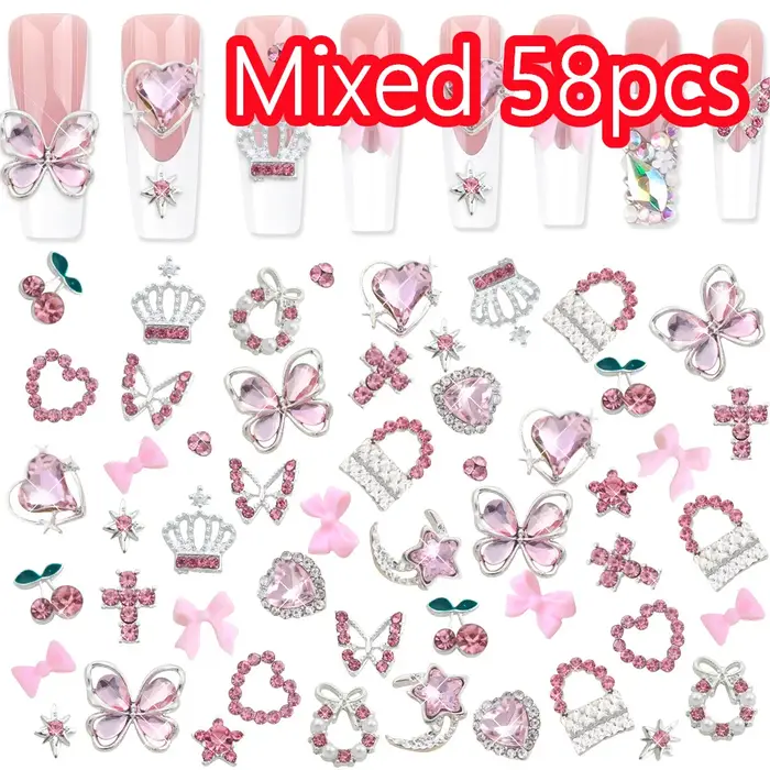 50/58 pièces mixte luxe rose cristal papillon/arc Y2k ongles breloques 3D métal argent alliage Nail Art bricolage doux