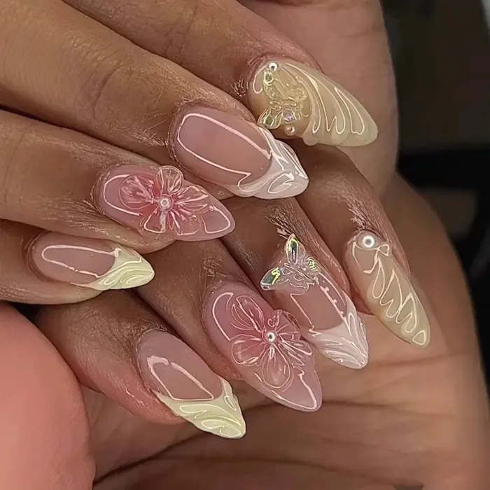 24 faux ongles roses en amande à presser, couvrance totale, motif floral sculpté, ondulations 3D, st