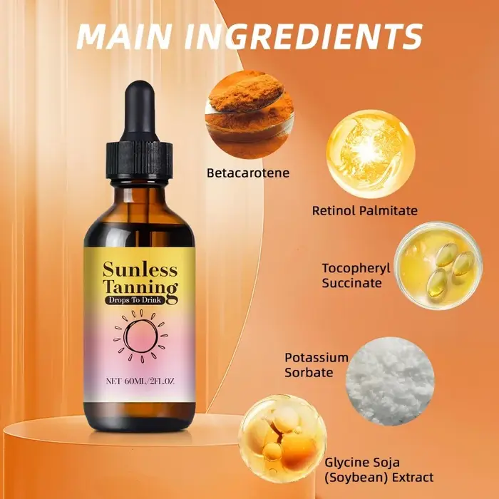 Gouttes autobronzantes 60 ml - Formule vitaminée à la bêta-carotène pour un éclat naturel sans exposition aux UV.