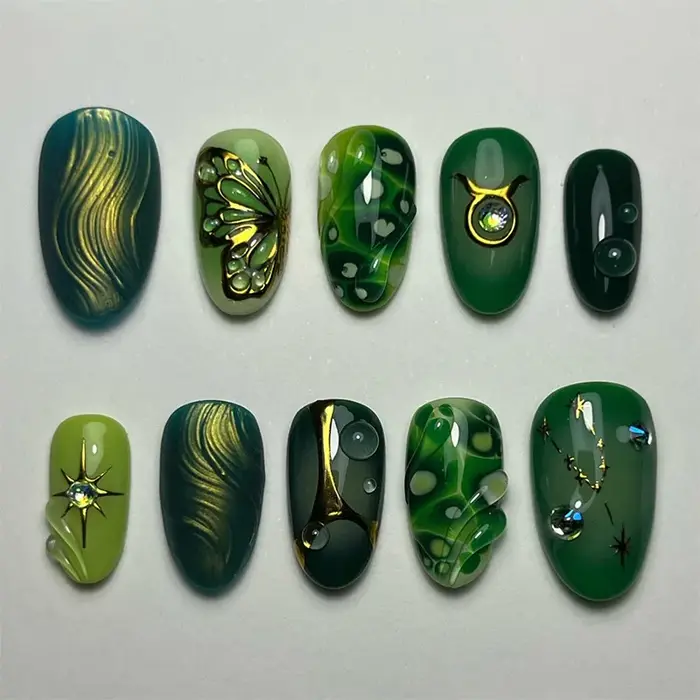 24 faux ongles en amande mi-longs à presser avec motif fleur insecte, couverture complète, réutilisa