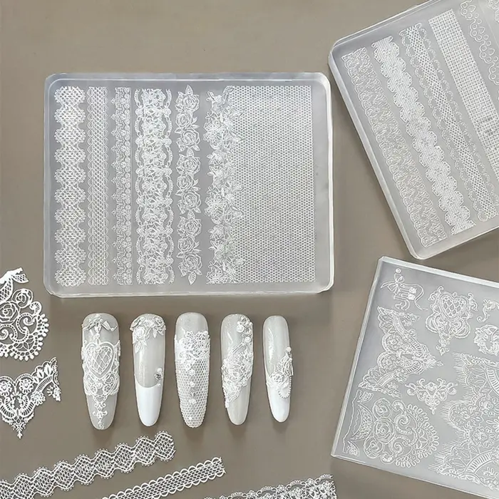 1 pièce Moule en silicone 3D pour nail art, motifs dentelle rose, ajouré, français, à carreaux, brel