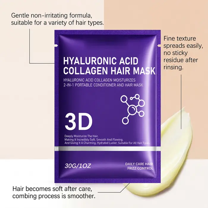 Masque capillaire au collagène et à l'acide hyaluronique 30g – Traitement revitalisant en profondeur pour cheveux secs