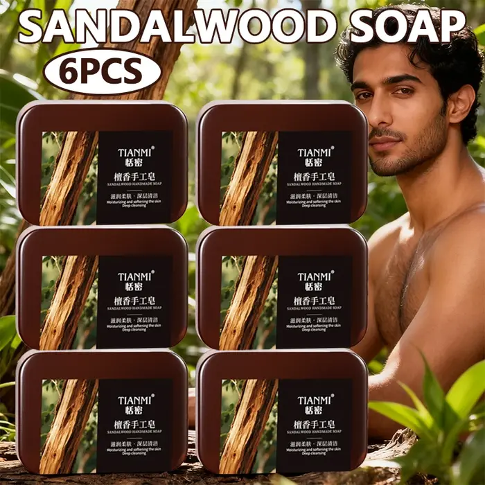 Savon artisanal au bois de santal pour hommes, 6 pièces, trois-en-un, nettoie le visage, les cheveux