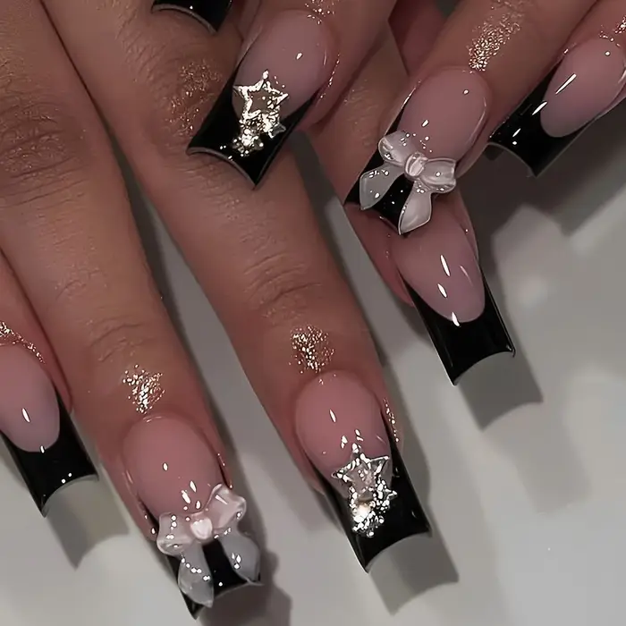 24 pièces/1 boîte noir français portant un Patch pour ongles doux et frais paillettes étoiles d'amour en Europe