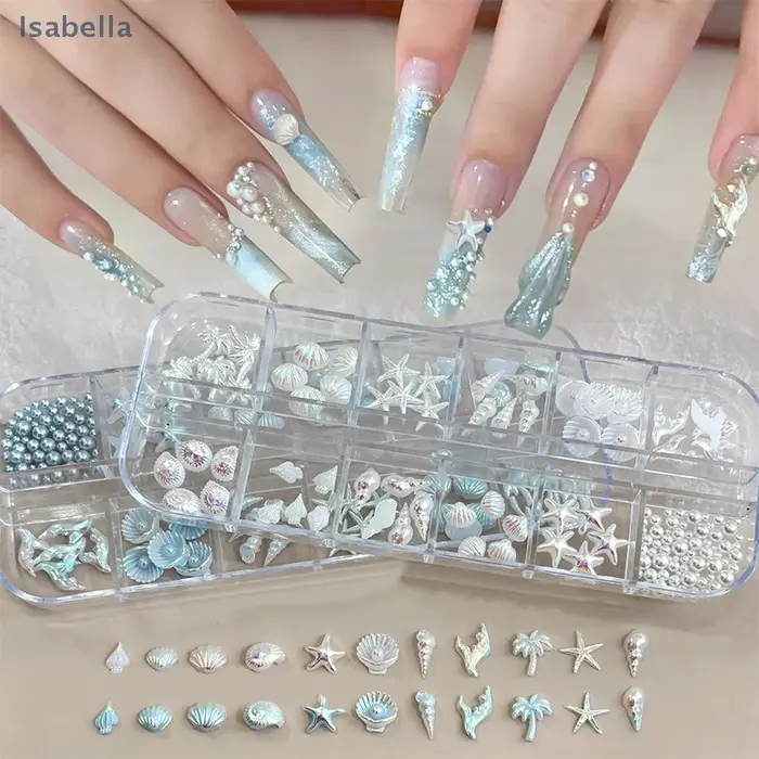 💕 12 grilles/boîte 3D étoile de mer et coquille décorations Nail Art, coquillage aurore et palmier b