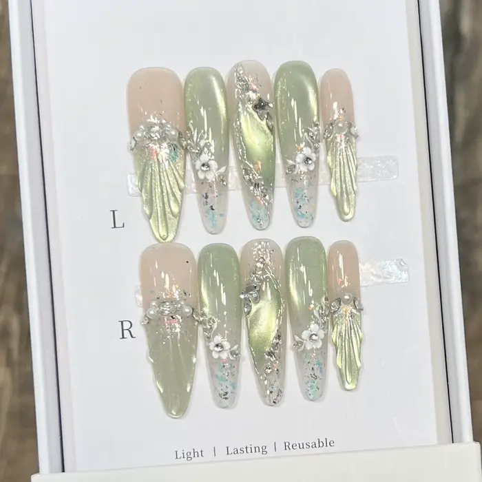 Faux ongles longs en amande, pointes avec œil de chat vert, faits à la main, à pression française, f