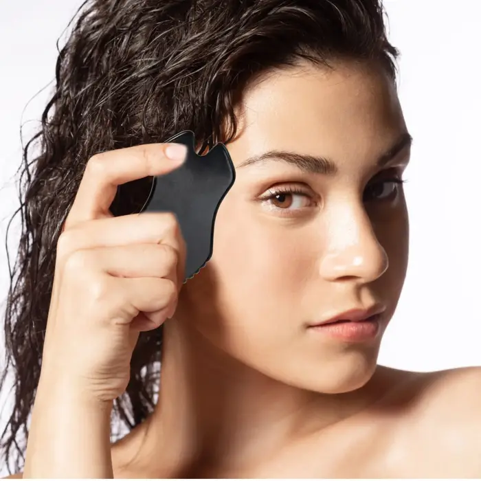 Planche de Gua Sha en basalte noir, outil de thérapie pour le lifting du visage, minimisation des po