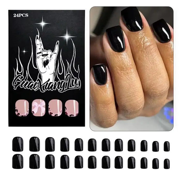 24 pièces noir carré presse sur ongles moyen longs faux ongles, 12 tailles ongles acryliques brillan