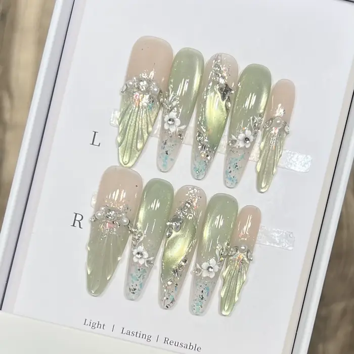 Faux ongles longs en amande, pointes avec œil de chat vert, faits à la main, à pression française, f