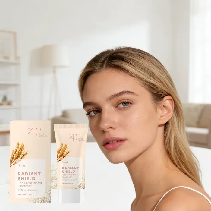 Crème solaire minérale teintée au riz SPF40