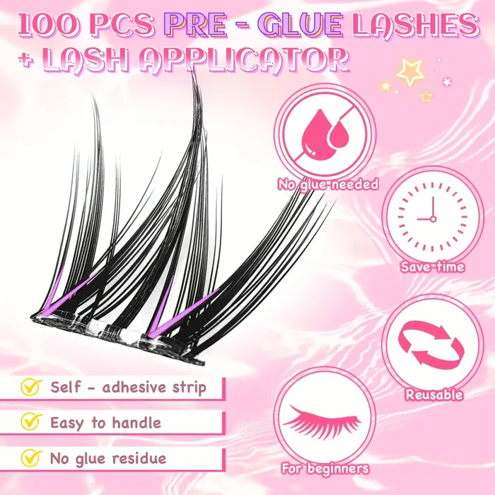 Kit d'extension de faux cils de style coréen : 100 grappes auto-adhésives, super douces et d'un aspe