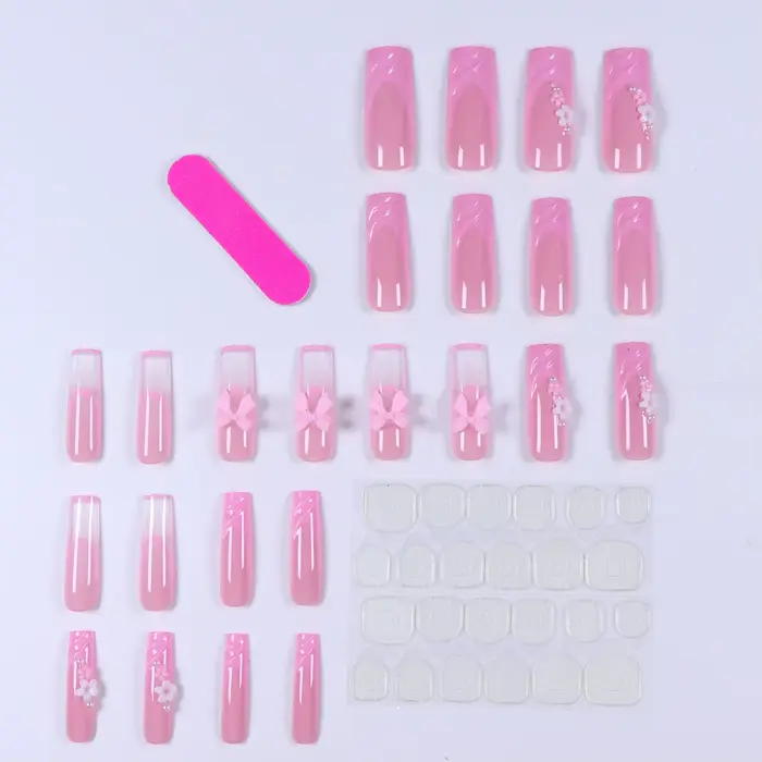 24 pièces- Faux ongles longs en forme de cercueil, papillon tridimensionnel rose, décoration florale