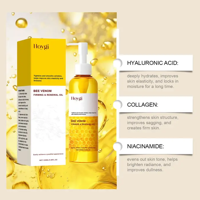 Hoygi Huile corporelle raffermissante au venin d'abeille avec stimulation du collagène 24 heures d'hydratation et absorption rapide pour la peau affaissement et les vergetures