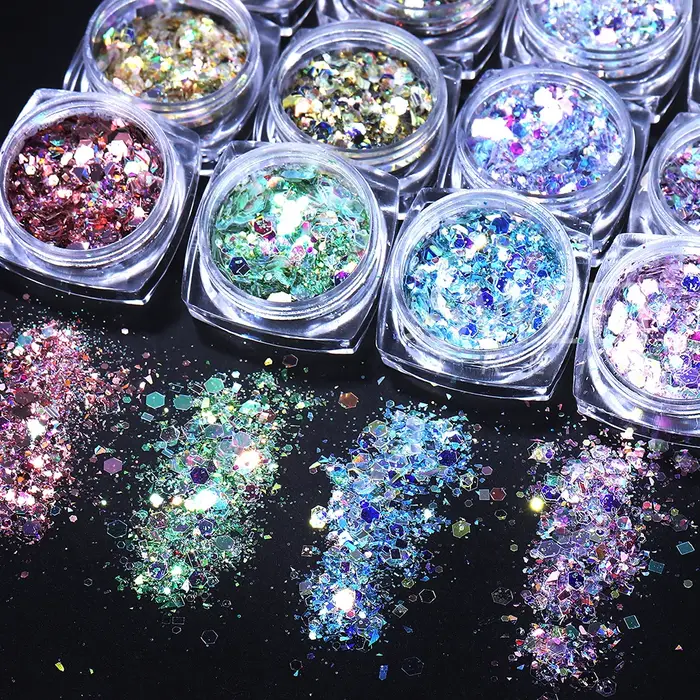 Paillettes holographiques hexagonales pour ongles, 12 couleurs, brillant, grosses paillettes irisées