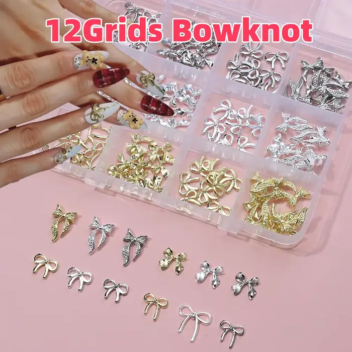 96/50 pièces 3D nœud papillon/ruban métal Nail Art breloques argent/or alliage arcs ongles strass dé