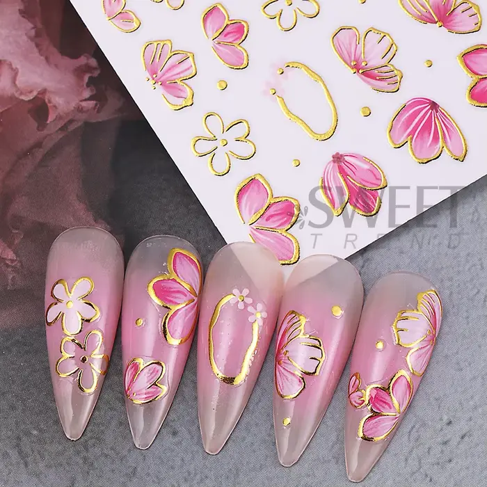 Autocollants pour ongles fleur d'hibiscus rose doré, 2/3 pièces, pétales de bordure bronzants 3D, cu