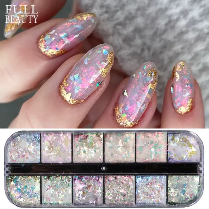 12 grilles irisées pour ongles, aurore, paillettes de cristal, flocons de feu, holographiques scinti