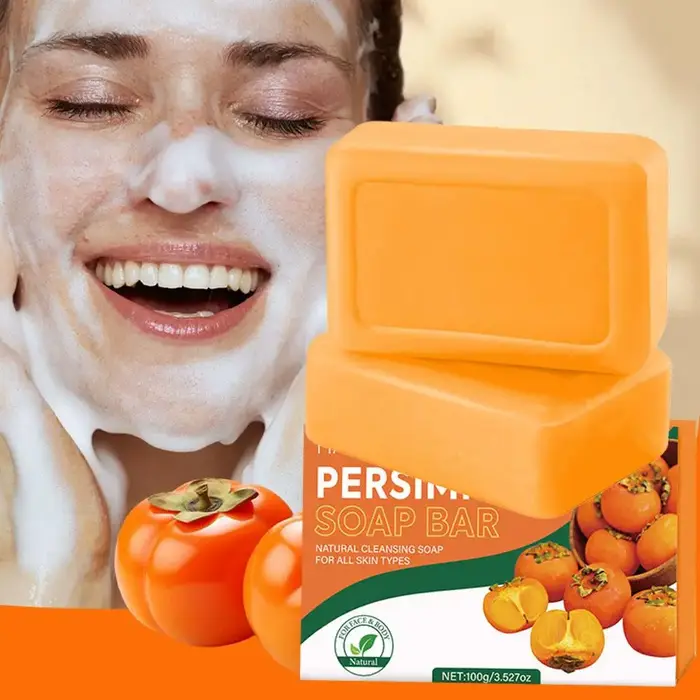 Savon Nettoyant au Kaki avec Filet Moussant – Soin Corps et Visage Exfoliant et Éclaircissant