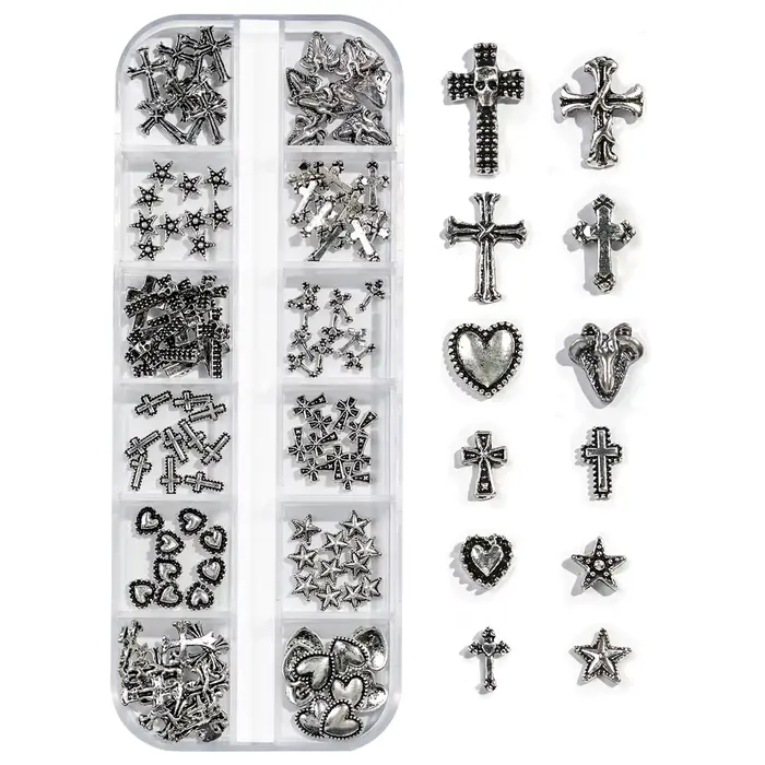 Boîte de 12 grilles Vintage en forme de croix en alliage de Zinc, bijoux pour ongles, fournitures en