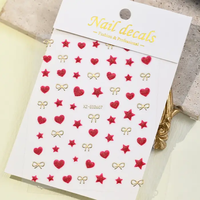 3D saint valentin amour coeur Nail Art autocollant rouge blanc croix étoiles auto-adhésif ongles décalcomanies 8*10 cm