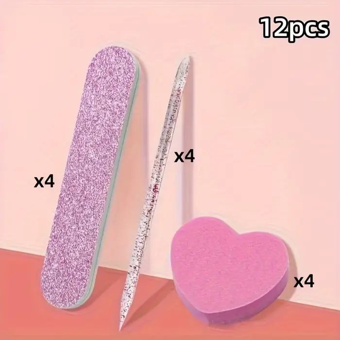 Ensemble de 12 pièces de kit de soin des ongles à paillettes roses, tampon en forme de cœur, tige en