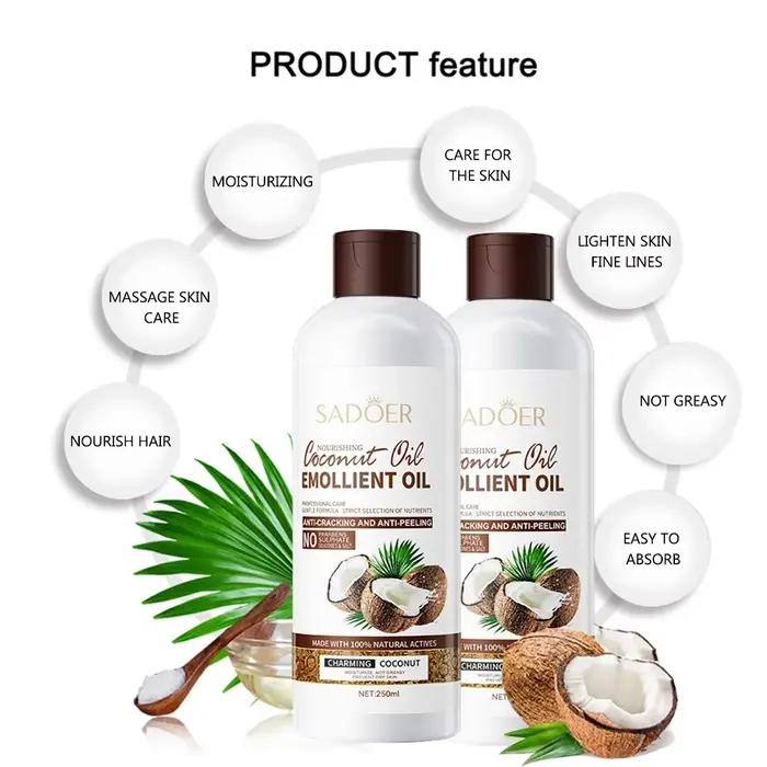 250ml noix de coco apaiser la peau sèche éclaircir les ridules huile de Massage du visage nourrir les cheveux élimine
