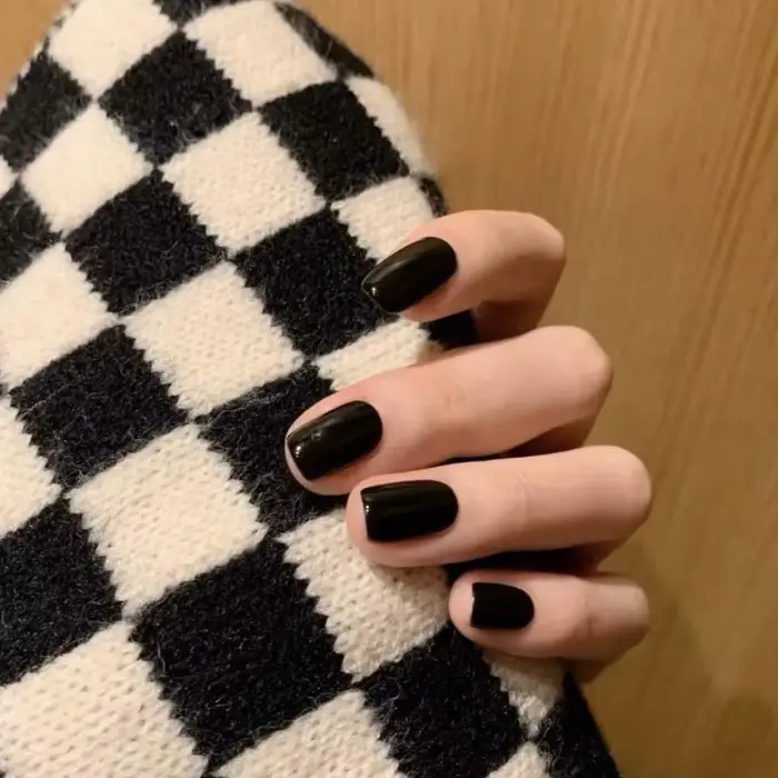 24 pièces noir carré presse sur ongles moyen longs faux ongles, 12 tailles ongles acryliques brillan