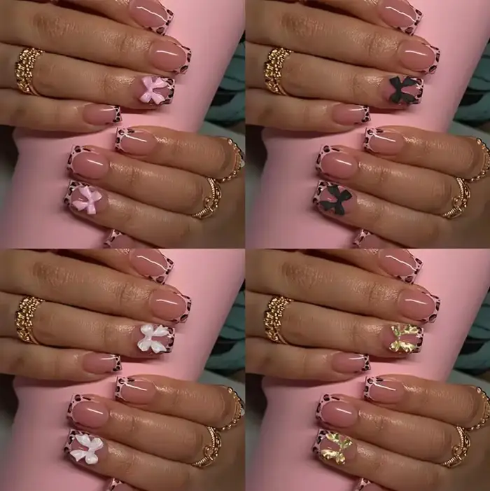 24/96 pièces nu léopard français nœud papillon faux ongles court rond carré presse sur ongles Y2K mi