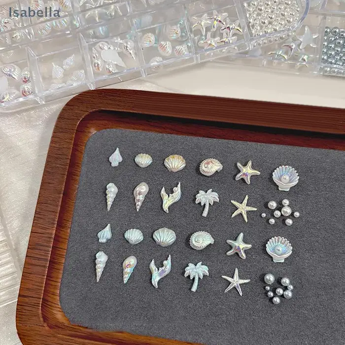 💕 12 grilles/boîte 3D étoile de mer et coquille décorations Nail Art, coquillage aurore et palmier b