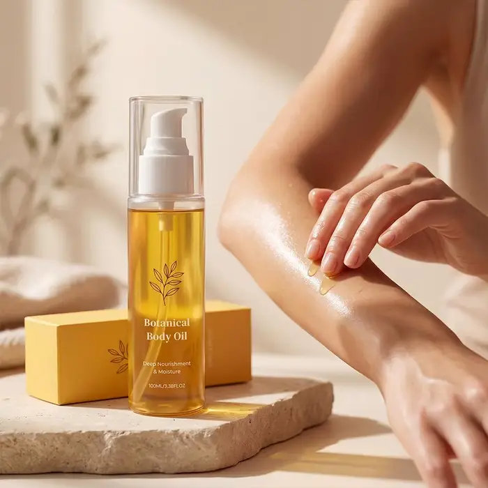 Huile corporelle botanique naturelle douce, hydratant profond pour peaux sèches, texture soyeuse et lisse, soin nourrissant quotidien pour tout le corps