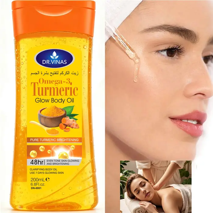 2 flacons de 200 ml d'huile corporelle éclaircissante au curcuma et oméga-3