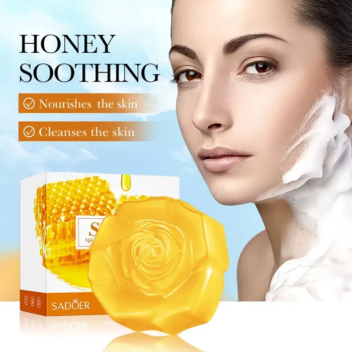 SADOER Savon Visage au Miel Nettoyant Moussant Hydratant Anti-Acné Anti-Âge Blanchissant pour le Corps et le Bain