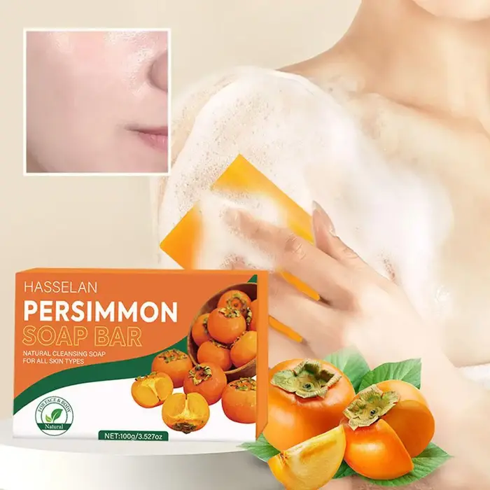 Savon Nettoyant au Kaki avec Filet Moussant – Soin Corps et Visage Exfoliant et Éclaircissant