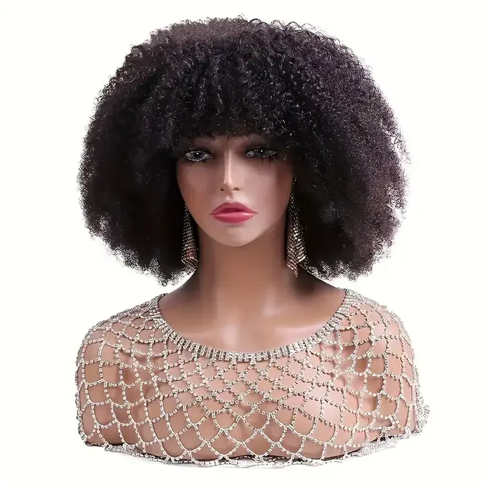 Perruque Brésilienne Remy 180% Naturelle Crépue Bouclée avec Frange, Cheveux Courts Faits à la Machi