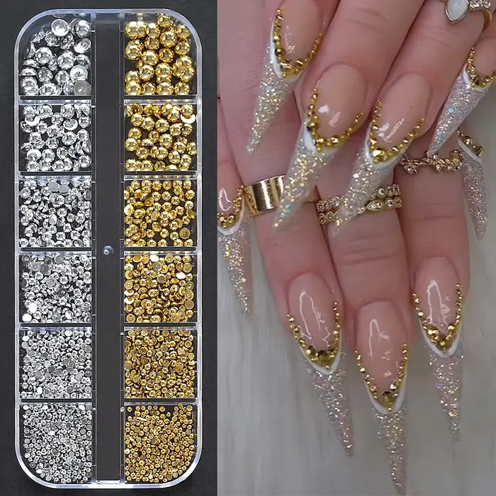 12 grilles de perles de Caviar 3D pour ongles, breloques en métal or argent, bijoux, boules en acier