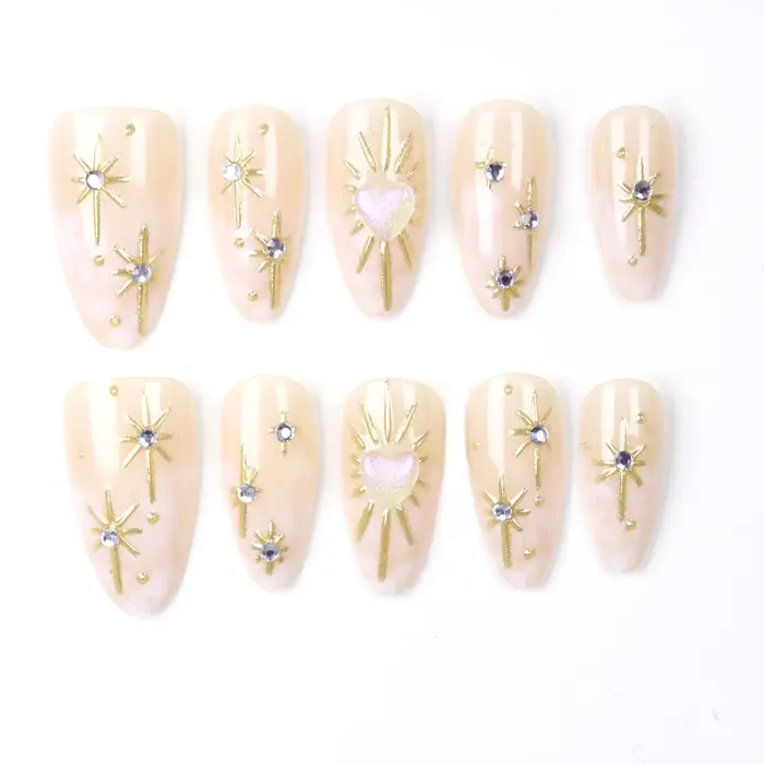 10 pièces 3D soleil étoile or ongles amande courte or charme conception réutilisable acrylique faux 