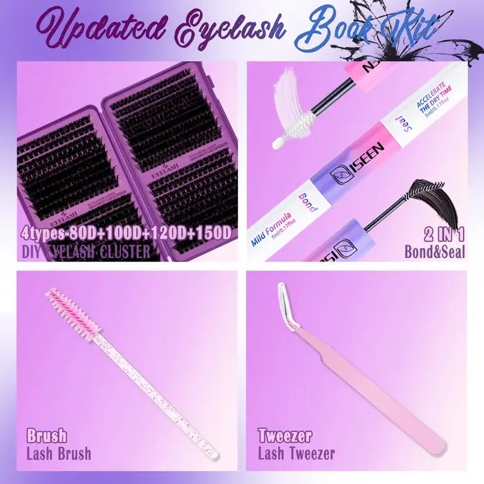 Kit de cils en grappes DIY, kit d'extension de cils grande capacité, courbure D, avec colle et fixat