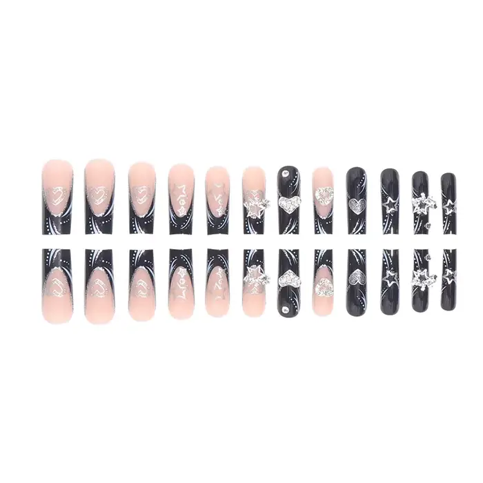 24 pièces/1 boîte noir français portant un Patch pour ongles doux et frais paillettes étoiles d'amou