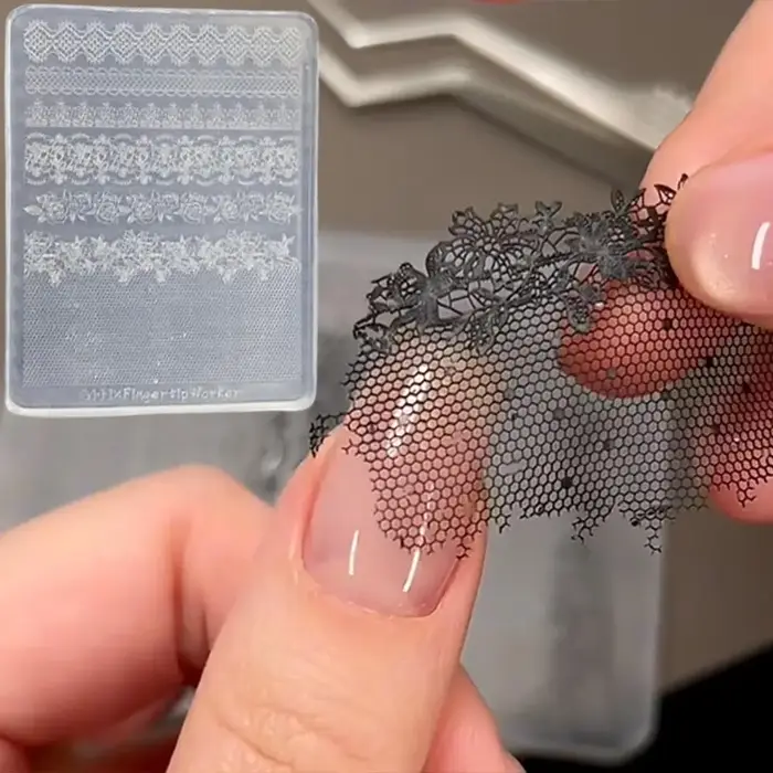 1 pièce Moule en silicone 3D pour nail art, motifs dentelle rose, ajouré, français, à carreaux, brel
