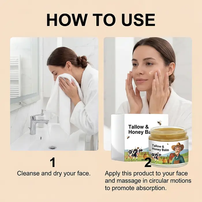 Baume au suif de bœuf biologique nourri à l'herbe avec miel cru - Crème hydratante pour une peau douce et lisse - Hydratant entièrement naturel fait à la main