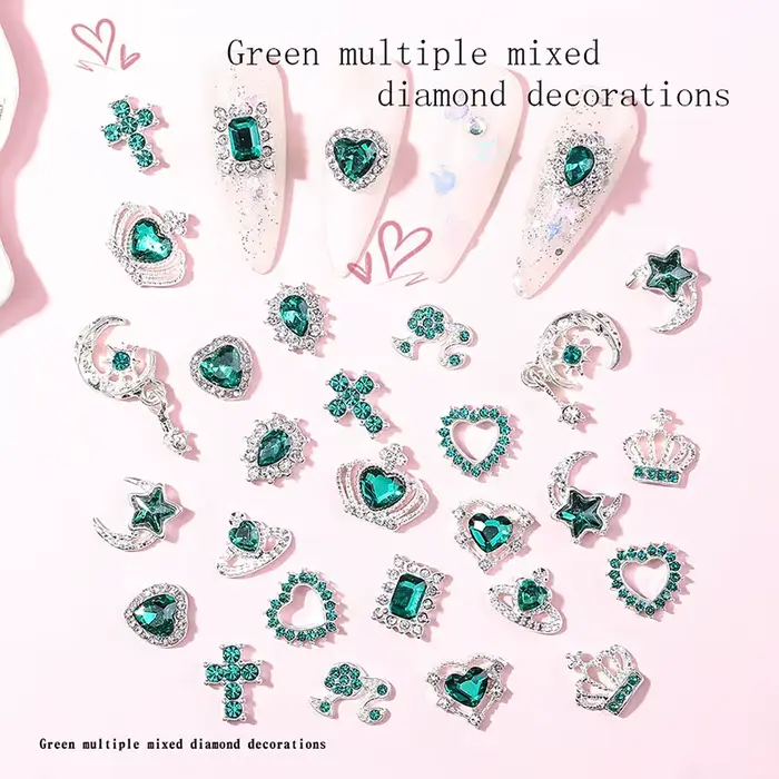 30 Breloques Roses pour Ongles en Alliage, Strass 3D Étoile Papillon Cœur Croix, Pierres Précieuses,
