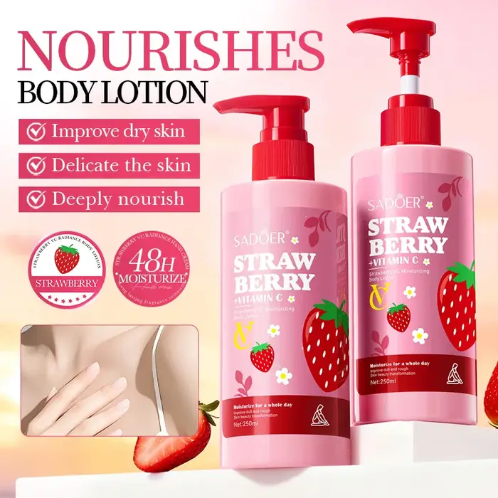 Lotion corporelle hydratante à la vitamine C et à la fraise, 250g/8.80fl.Oz, adaptée à tout le corps