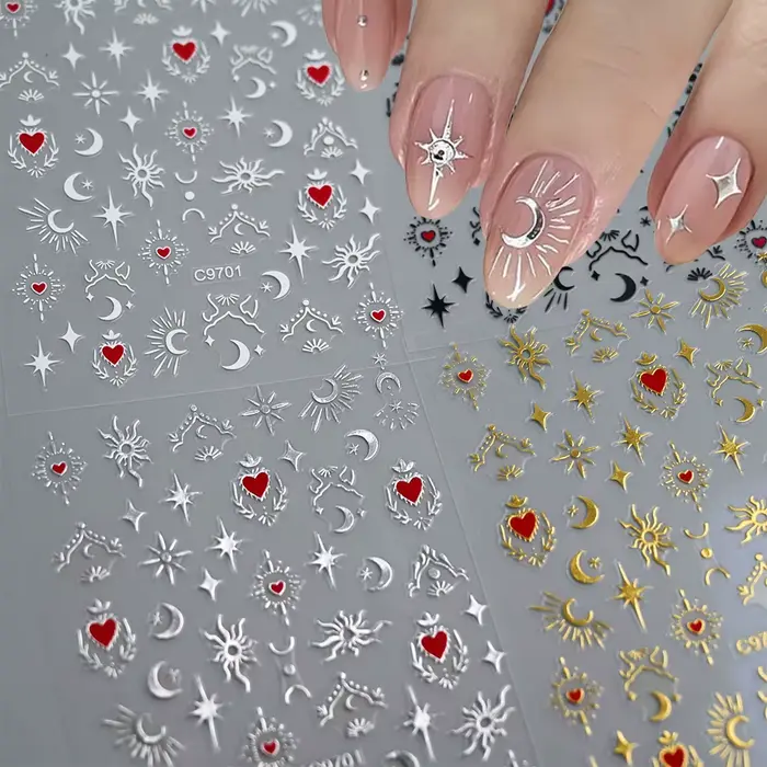 1 pièce Autocollants 3D pour ongles, Cœur d'amour doré bronzant, Y2K, Étoiles holographiques, Soleil