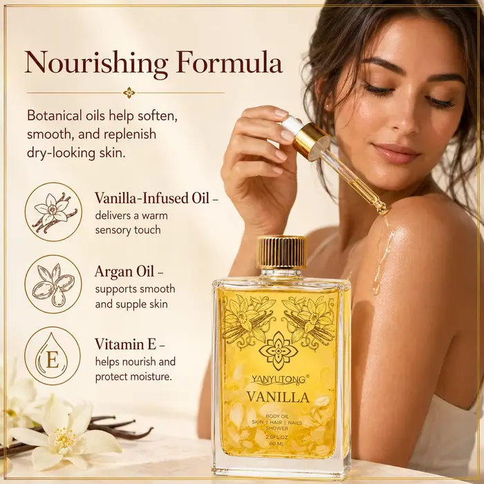 60 ml d'huile essentielle de vanille, nourrissante et hydratante, absorption rapide, douce, apaisante pour les peaux sèches, parfum longue durée.