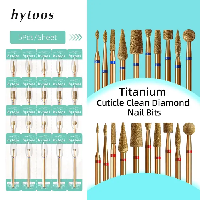 HYTOOS 5 pièces/ensemble titane forets à ongles diamant cuticule propre foret à ongles professionnel