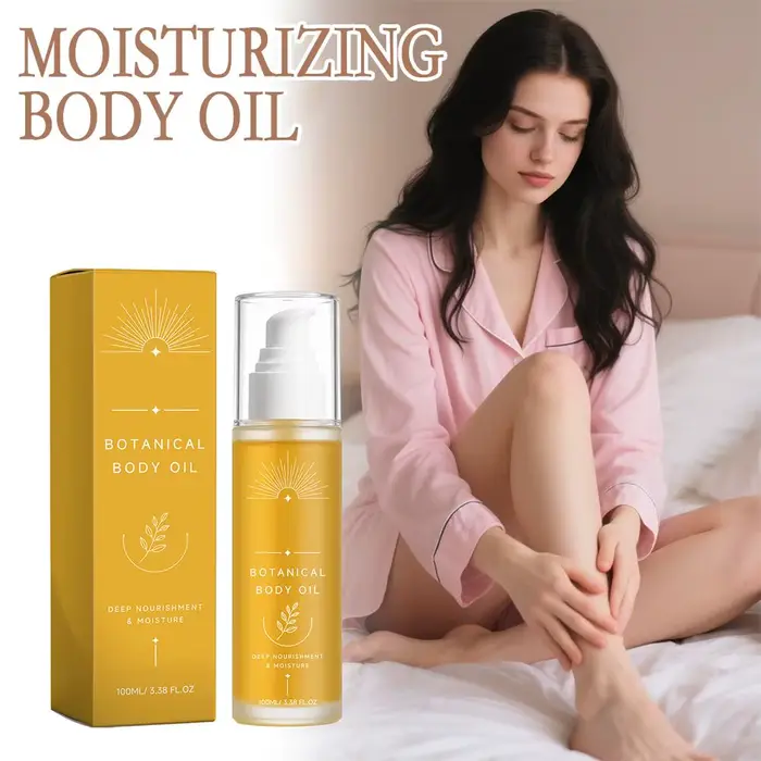 Huile corporelle botanique naturelle douce, hydratant profond pour peaux sèches, texture soyeuse et lisse, soin nourrissant quotidien pour tout le corps